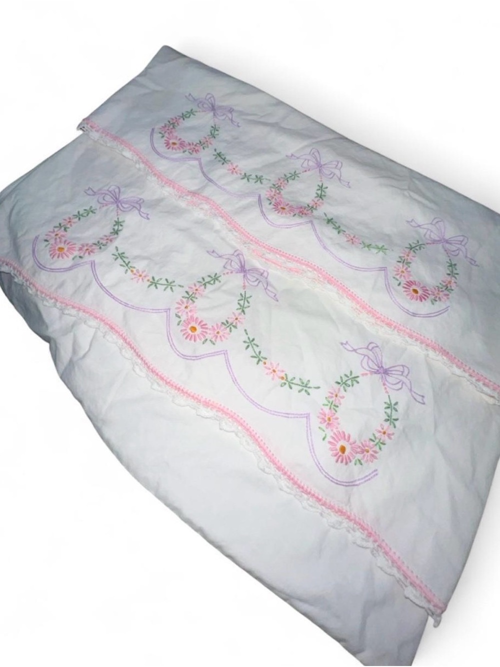 Embroidered Floral Pillowcase in White with Pink and Lavender Accents